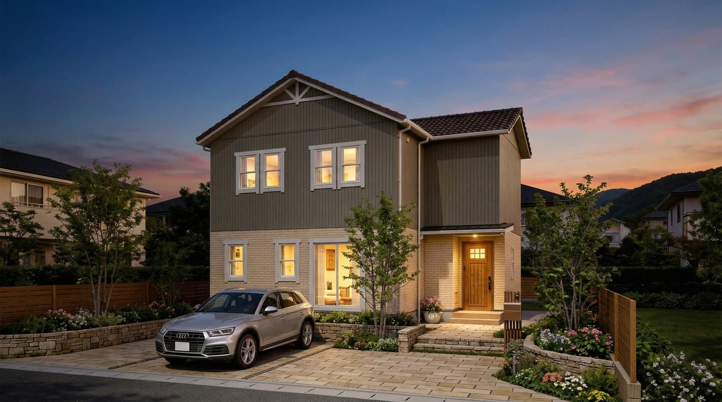 生成AIで制作された2階建て住宅の夕景外観パース。夕暮れの空を背景に、窓から暖かな光が漏れるモダンな家。手前の石畳の駐車場にはシルバーのSUVが停まり、手入れされた庭木や花壇が配置されている。