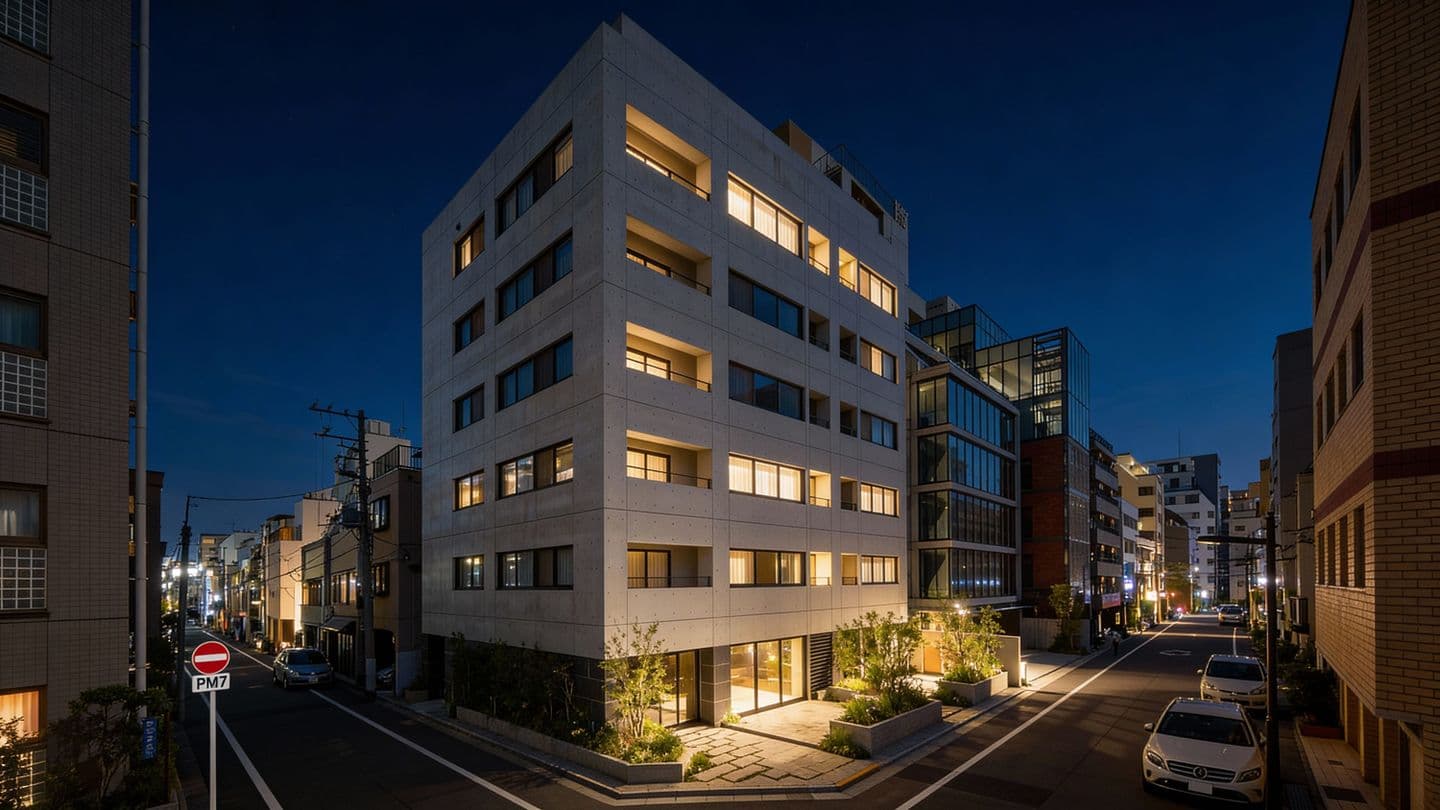 夜の街角に建つモダンな打ち放しコンクリートのマンションのCGパース。7階建ての現代的な建築デザインで、大きな窓からは暖色の明かりが漏れている。周囲には街灯や駐車中の車、他のビルが見え、落ち着いた都市の夜景（ブルーアワー）がAIによってリアルに描かれている。