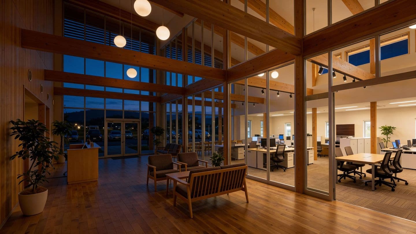 夜の木造モダンオフィスの内観パース。高い天井には木の梁が渡り、球体のペンダントライトが温かく照らしている。大きなガラス窓からは夜の青い空が見え、手前にはラウンジソファ、奥にはガラス張りの会議室やデスクが並ぶ開放的な空間デザイン。AI生成画像。