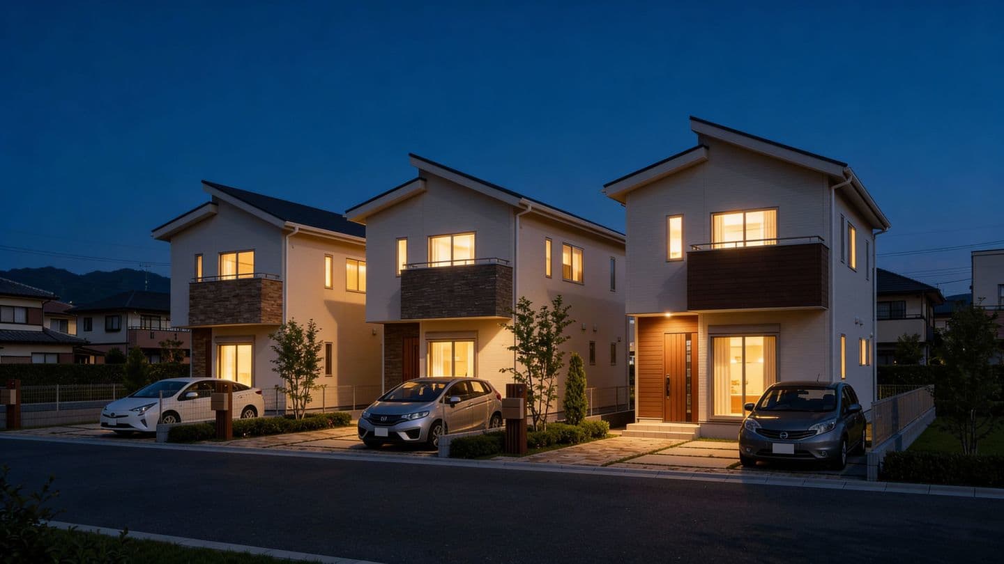 生成AIによって作成された、夜の住宅街に並ぶ3軒のモダンな2階建て戸建て住宅の建築パース。窓からは温かい光が漏れ、家の前には乗用車が駐車されている。空は深い青色の夕景。