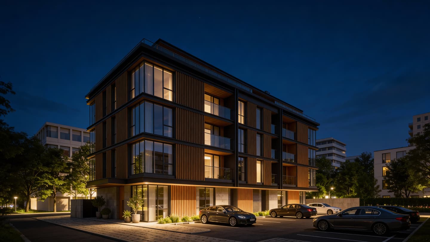 木目調ルーバーとガラスの壁面が特徴的な、夜の4階建てモダンマンションの建築パース。建物前には駐車場があり、暖色の照明が外構を照らしている様子。