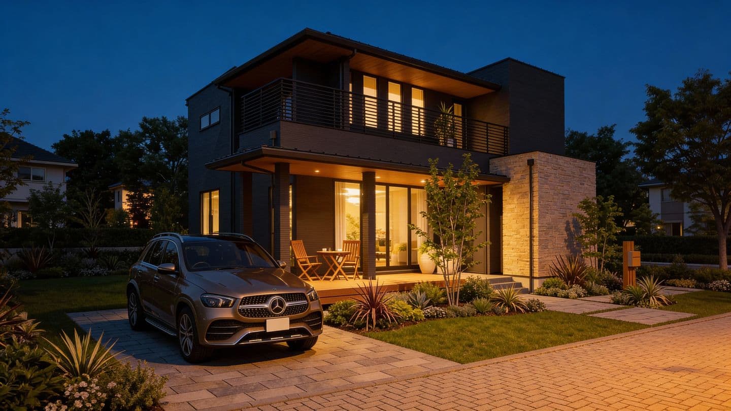 夜のライトアップされたモダンな2階建て住宅のパース。木目調の軒天、石貼りの壁、広いテラスに置かれた屋外家具、手前に駐車されたメルセデス・ベンツのSUV、手入れされた庭の植栽。