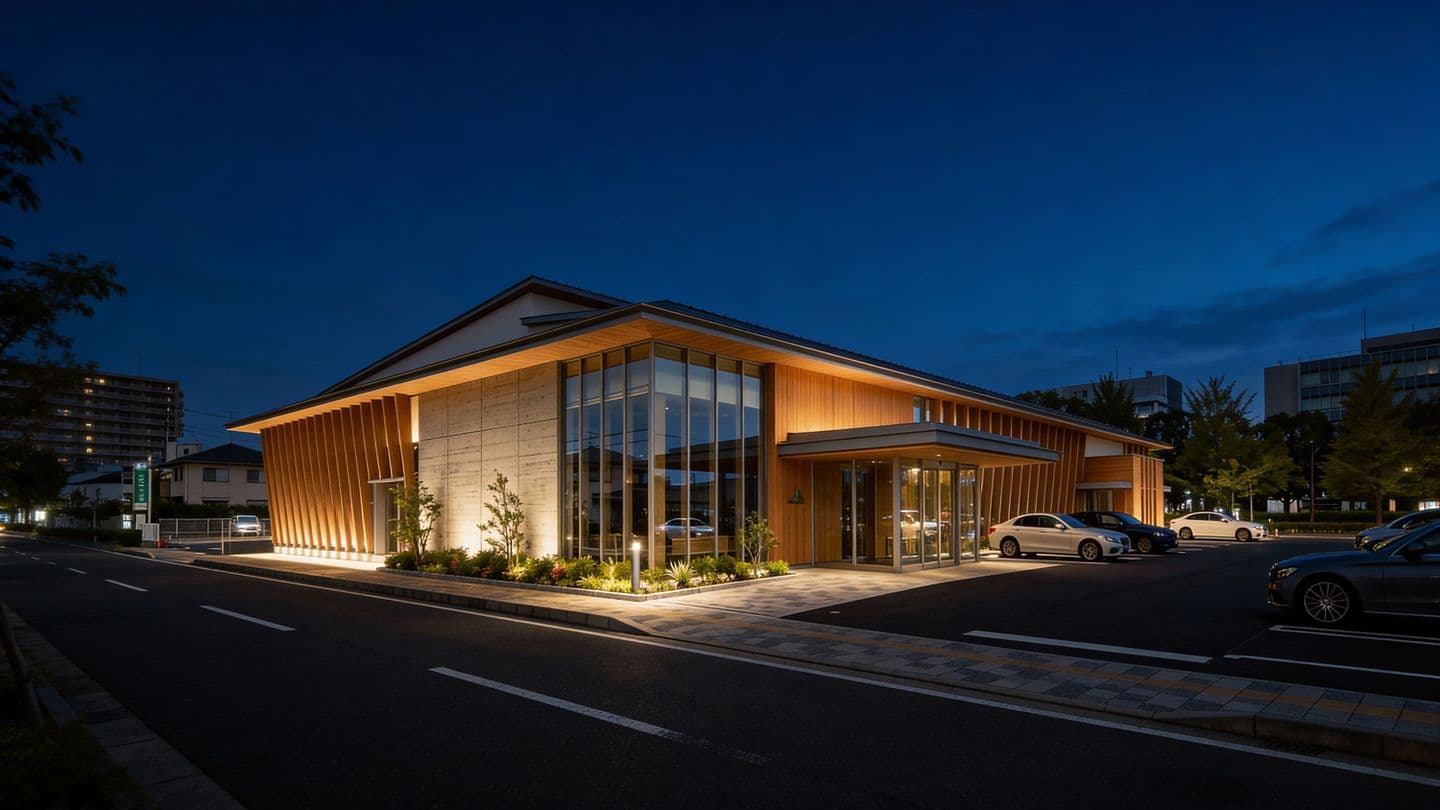 夕暮れの青い空を背景にした、木製ルーバーとガラス張りのモダンな平屋建て商業施設の夜景パース。温かい室内照明が外構や駐車場を照らし、リアルな質感を持つ生成AIによる建築イメージ。