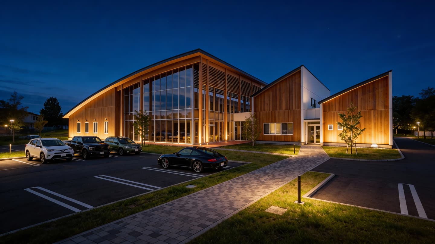 生成AIで制作された現代的な木造建築の夜景パース。大きなガラス窓と木目調の外壁が特徴的な2階建ての施設が、暖色の照明でライトアップされている。手前には石畳の歩道と駐車場があり、数台の車が停まっている。背景は日没後の深い青空。