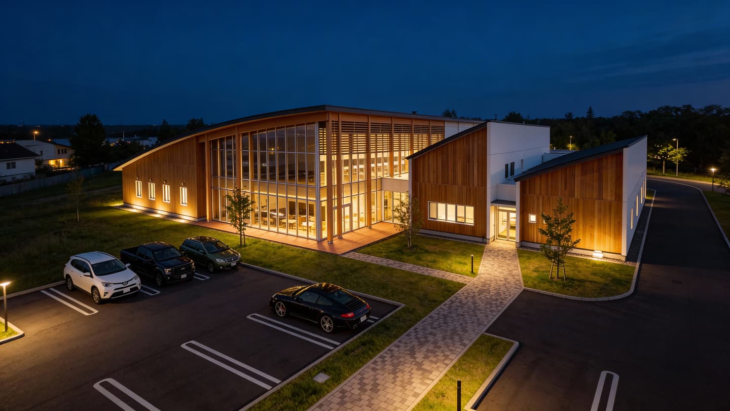 AI生成による現代的な木造公共施設の夜景鳥瞰パース。濃い青の夜空の下、大きなガラス窓から温かい室内の光が外に漏れている。建物は木材と白壁で構成され、手前には整備された駐車場と車、石畳の歩道、芝生がある。