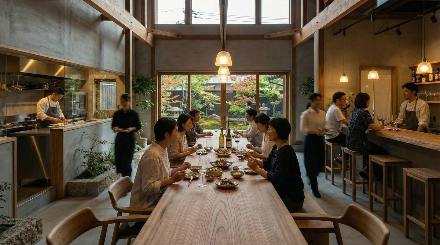 庭園が見える吹き抜けのモダンなレストラン。中央の長い木製テーブルで食事を楽しむ人々と、左側のオープンキッチンで調理するシェフ、活気ある店内の内観パース。