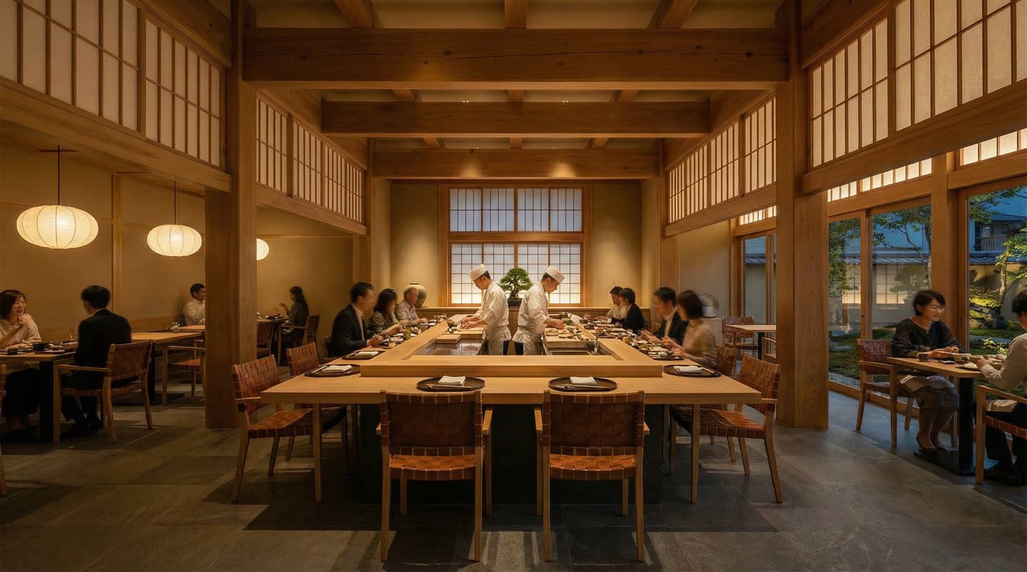太い木の梁と障子が特徴的なモダン和風レストランの内観パース。中央のカウンター内で調理する白い調理服の料理人と、テーブル席で食事を楽しむ顧客たち。大きな窓ガラス越しに日本庭園が見え、和紙のペンダントライトが温かい雰囲気を演出している。