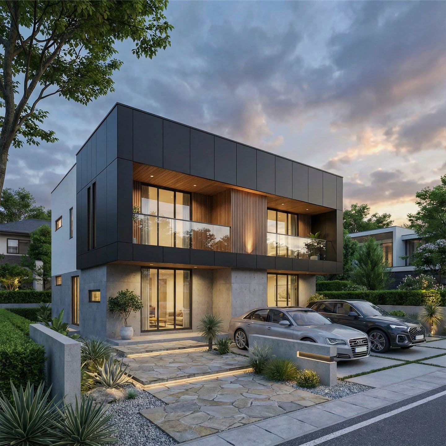 夕暮れ時のモダンな2階建て住宅のAI外観パース。黒い金属サイディングとコンクリート打ちっ放しの外壁、木目の軒天、ガラス手摺のバルコニーが特徴。手前には石畳のアプローチと植栽、駐車場には2台の車が停まっている。