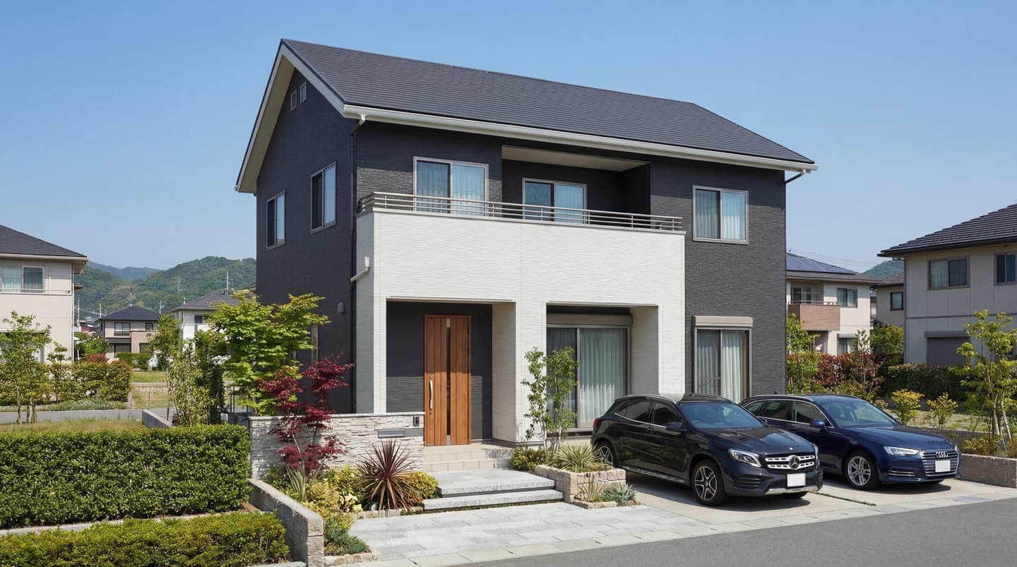 「3D CADと生成AIで制作されたモダンな2階建て住宅パース。ダークグレーと白のツートンカラーの外壁、バルコニー、手入れされた庭木、および駐車スペースに停まる2台の乗用車（黒と紺）。青空の下でのフォトリアルな建築イメージ。」