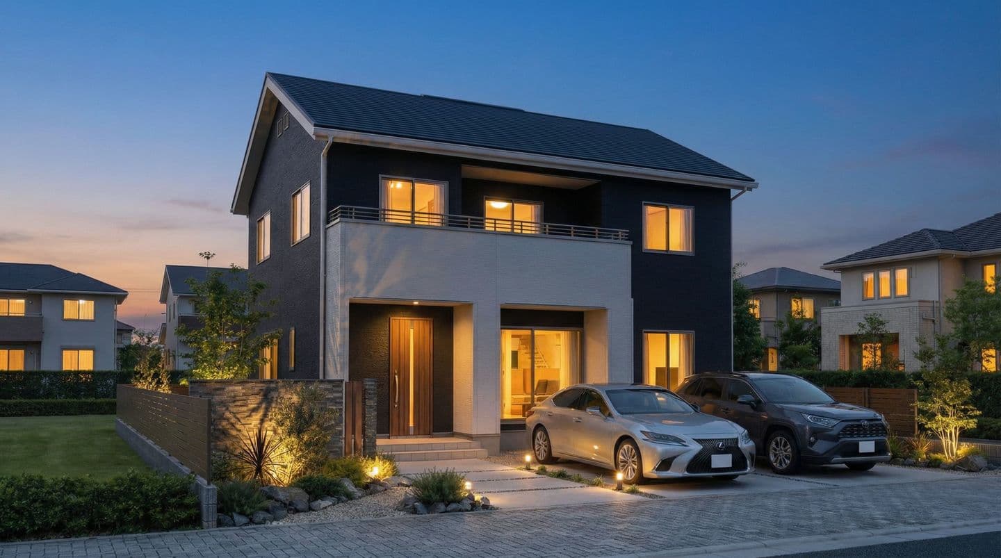 夕暮れ時にライトアップされた、紺と白のモダンな2階建て住宅の外観パース。手前には乗用車が2台駐車され、洗練された庭木と外構が照らされている。