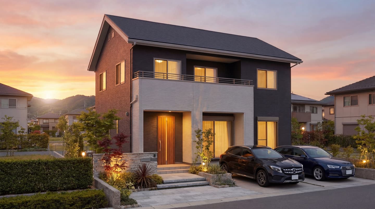夕暮れ時のモダンな2階建て住宅の3DCADパース。黒と白のツートンカラーの外壁に、暖かいオレンジ色の照明が灯る玄関とリビング。前庭には2台の乗用車が並び、背景には美しい夕焼け空と山並みが広がる様子。