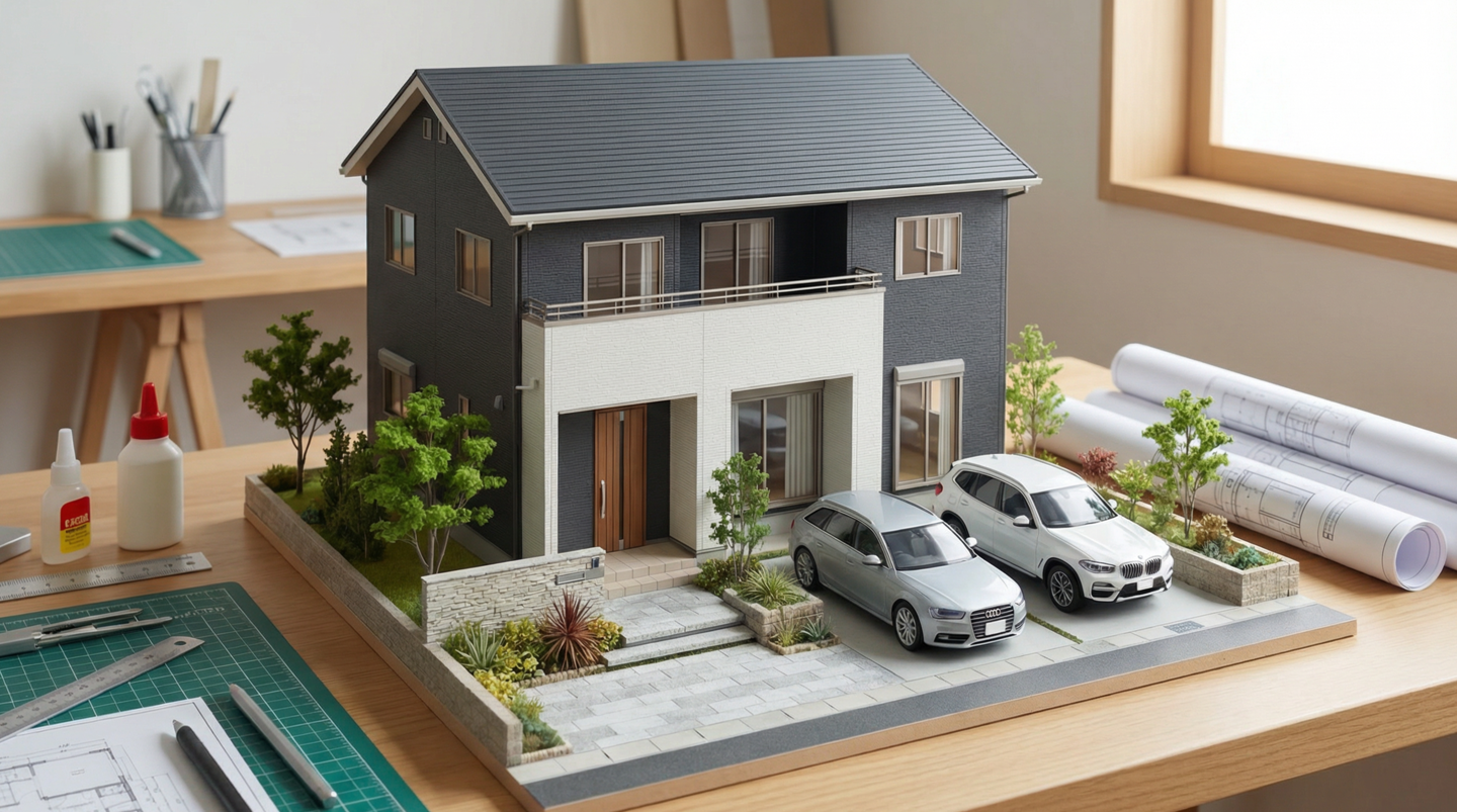 生成AIで作成されたリアルな2階建て住宅の建築模型。モダンな黒と白の外壁、車2台、植栽があり、机の上には設計図、カッターマット、接着剤などの制作道具が配置されている