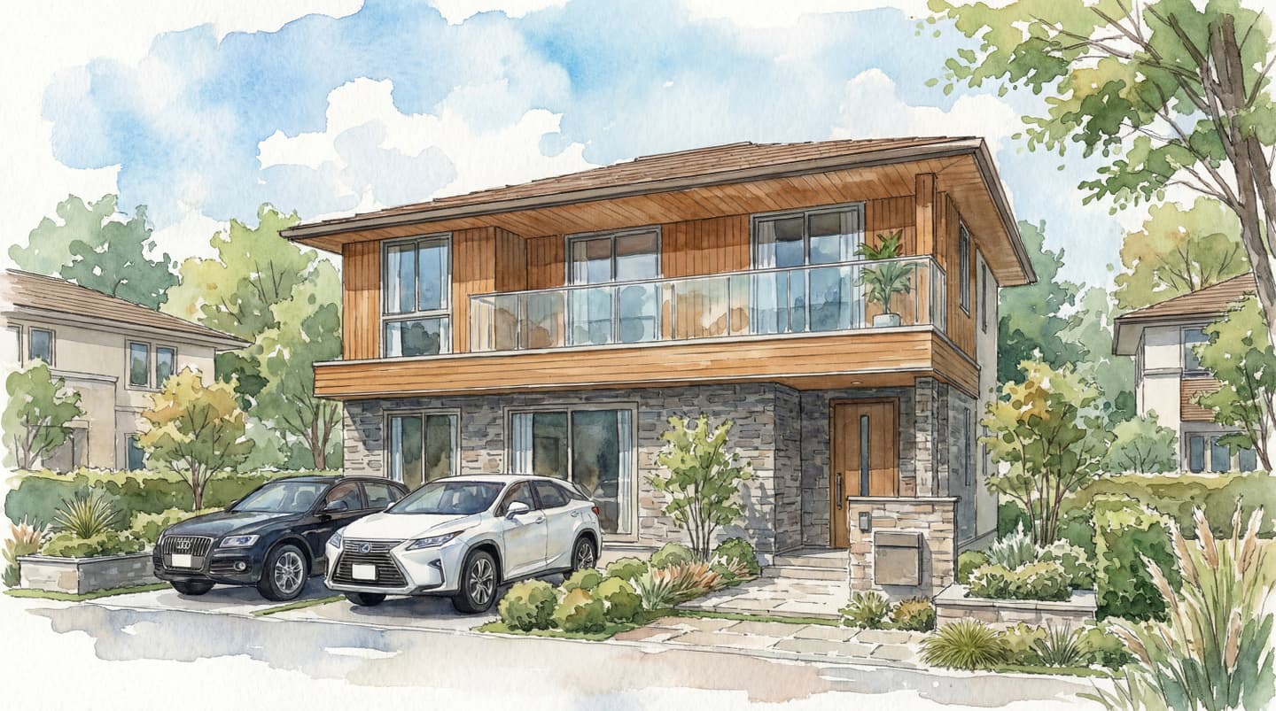 AI生成による水彩画風の2階建て住宅の外観パース。2階は木目調、1階は石張りのモダンなデザインで、手前に車が2台駐車されている。背景には青空と緑豊かな植栽がある。