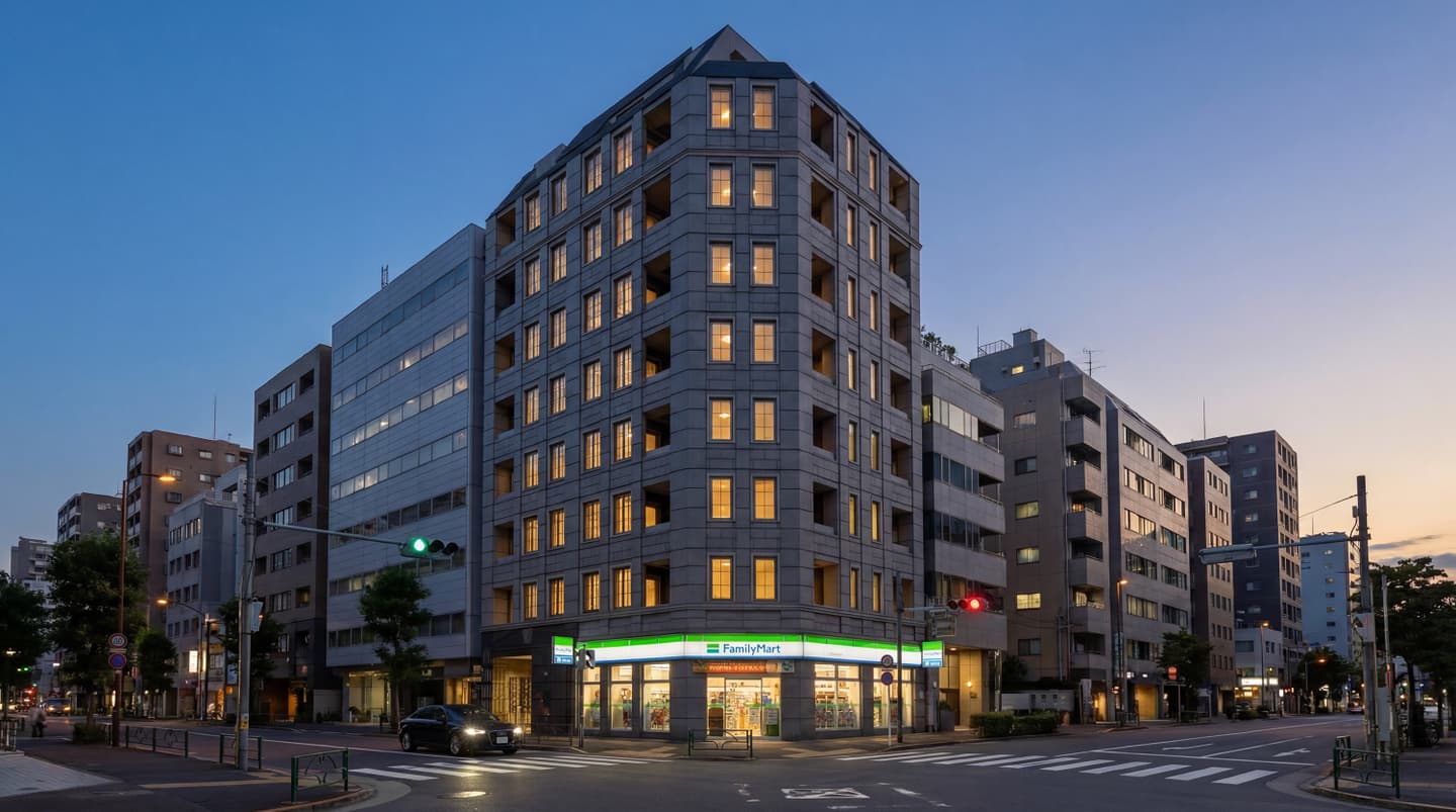 夕暮れ時の都市交差点に建つ、石造り風タイルの多層階マンションの外観パース。1階にはファミリーマートが営業しており明るい光を放っている。3D CADのモデリングと生成AIのレンダリング技術を組み合わせて制作された、フォトリアルな建築イメージ。