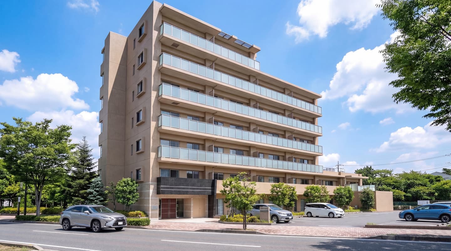 青空の下に建つ、植栽と駐車場を備えたモダンな7階建て中層マンションの外観パース。ベージュの外壁とガラス手摺りのバルコニーが特徴的な建築デザイン。