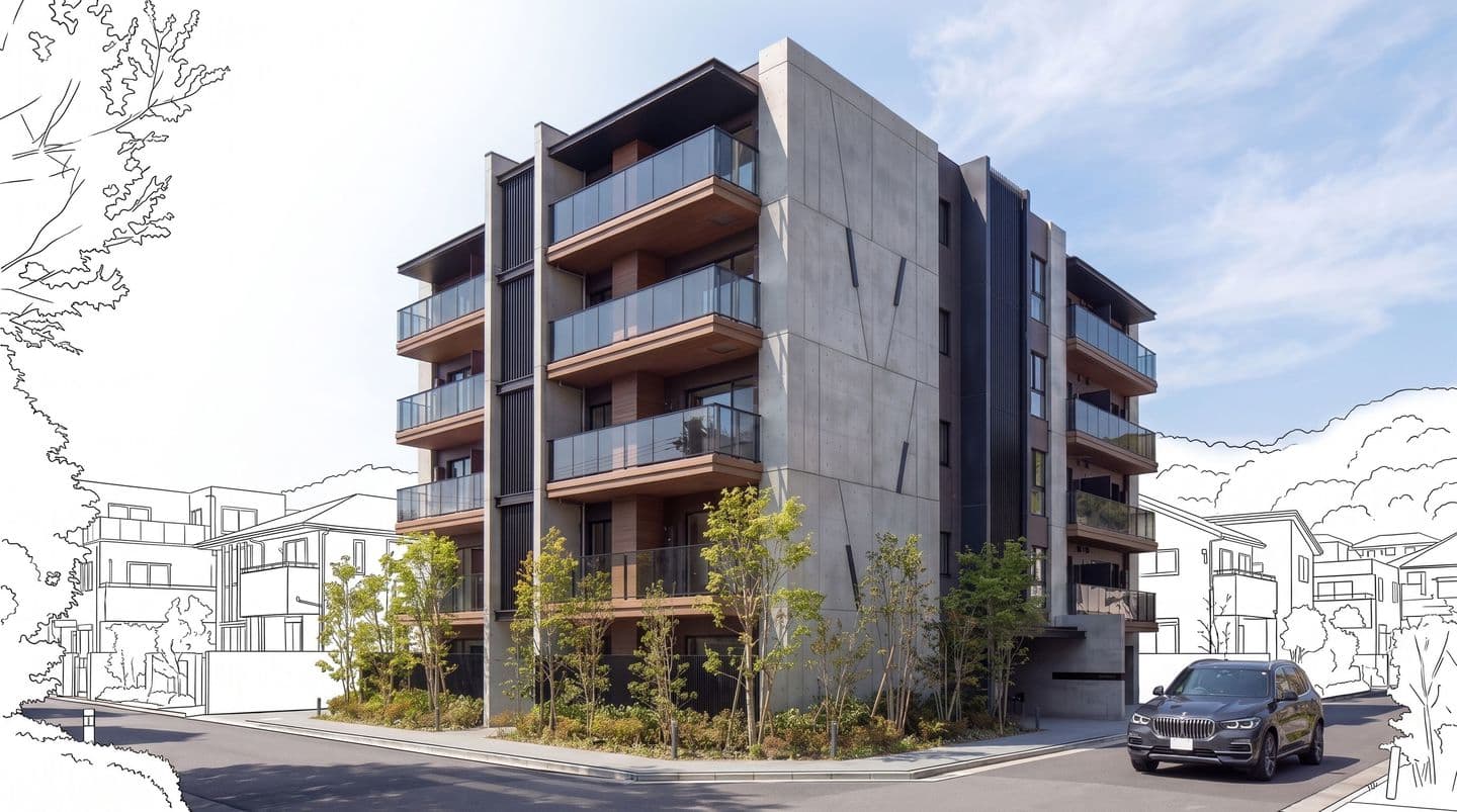 周囲の街並みを線画で描き、建物をリアルなCGで際立たせた5階建てモダンマンションの外観パース。コンクリート打ち放しの外壁と木目調のバルコニーが特徴的で、手前の道路には黒い車が走っている。