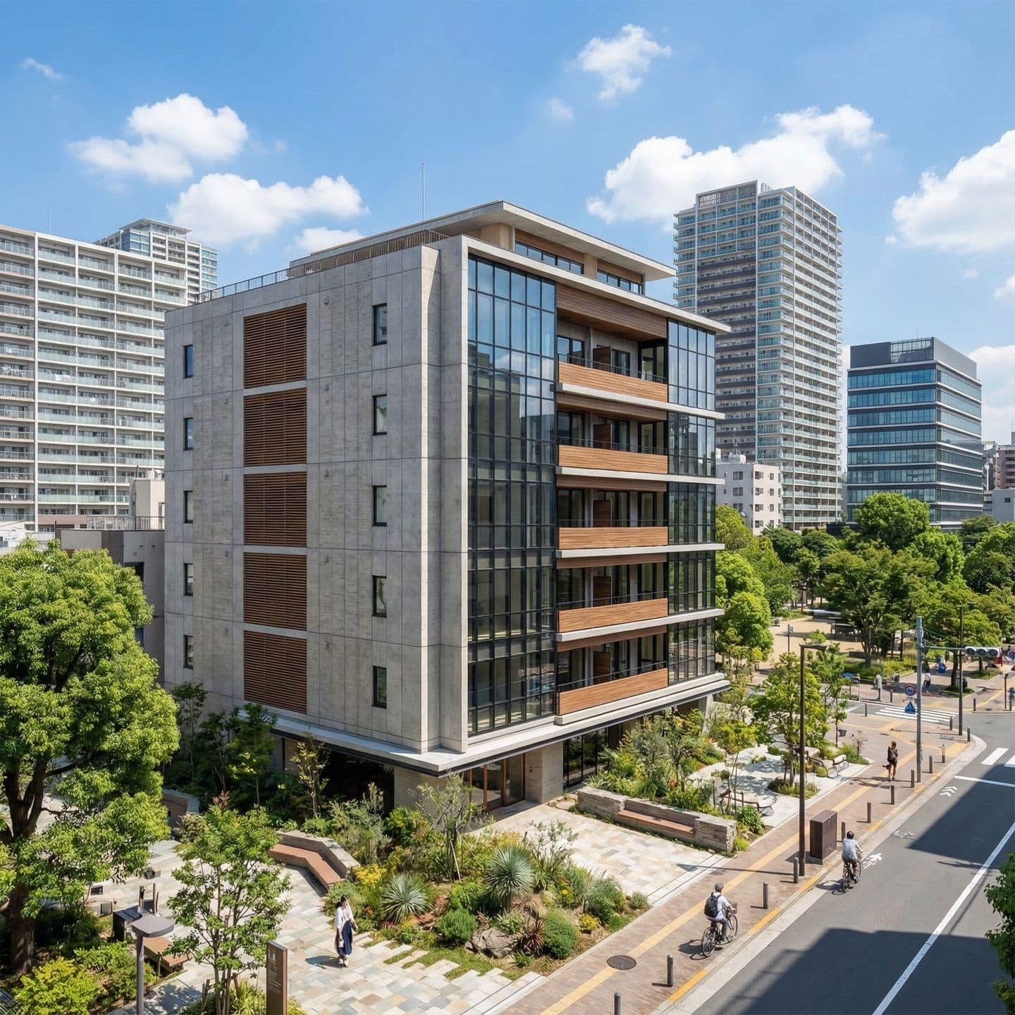 晴天の下、豊かな植栽と舗装された遊歩道に面したモダンな7階建ての建物。外観は打ちっ放しコンクリートと大きなガラス窓、木製のバルコニー手すりで構成され、背景には高層ビル群と青空が広がる。都市と自然が融合した建築デザインのパース。
