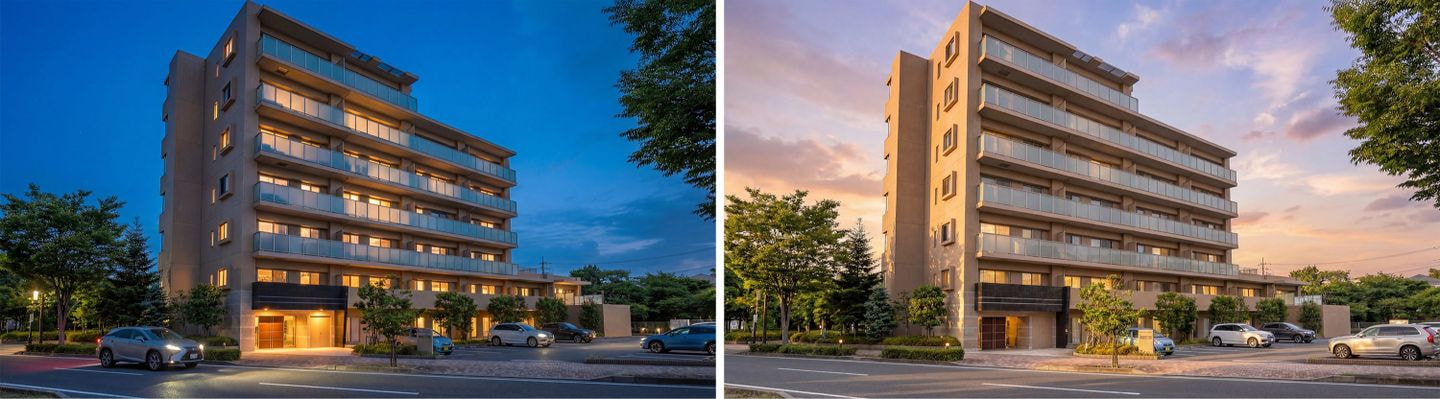 生成AIによるマンション外観パースの比較画像。左側は窓明かりが灯る夜景のシーン、右側は柔らかな自然光に包まれた夕暮れのシーン。AI画像生成技術を用いて時間帯によるライティングの違いをシミュレーションしている。