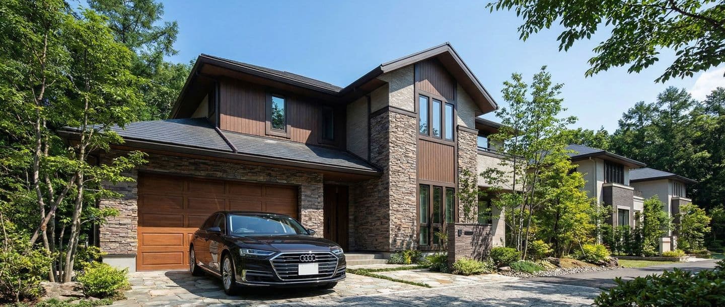石積みの外壁と木目調のアクセントが特徴的な、高級感のある2階建ての邸宅。ガレージ前には黒のセダン（Audi）が停車し、周囲には豊かな植栽が施されている。3DCADと生成AIで制作された高精細な住宅パース。