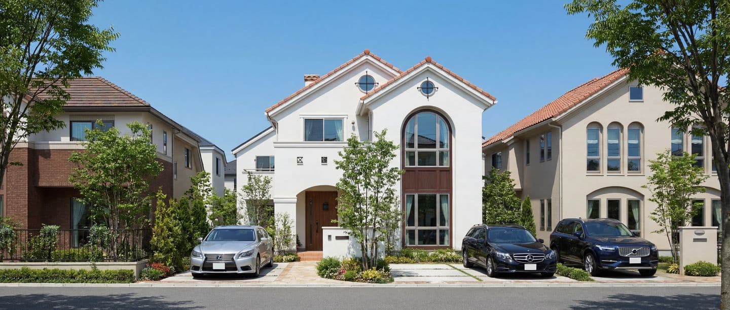 3D CADと生成AIを使用して制作された、南欧プロヴァンス風の2階建て住宅パース。晴天の青空の下、白い外壁とアーチ窓が特徴的な家を中心に、両隣の住宅や手前の駐車場に停まる高級車、手入れされた植栽がリアルに描かれている。