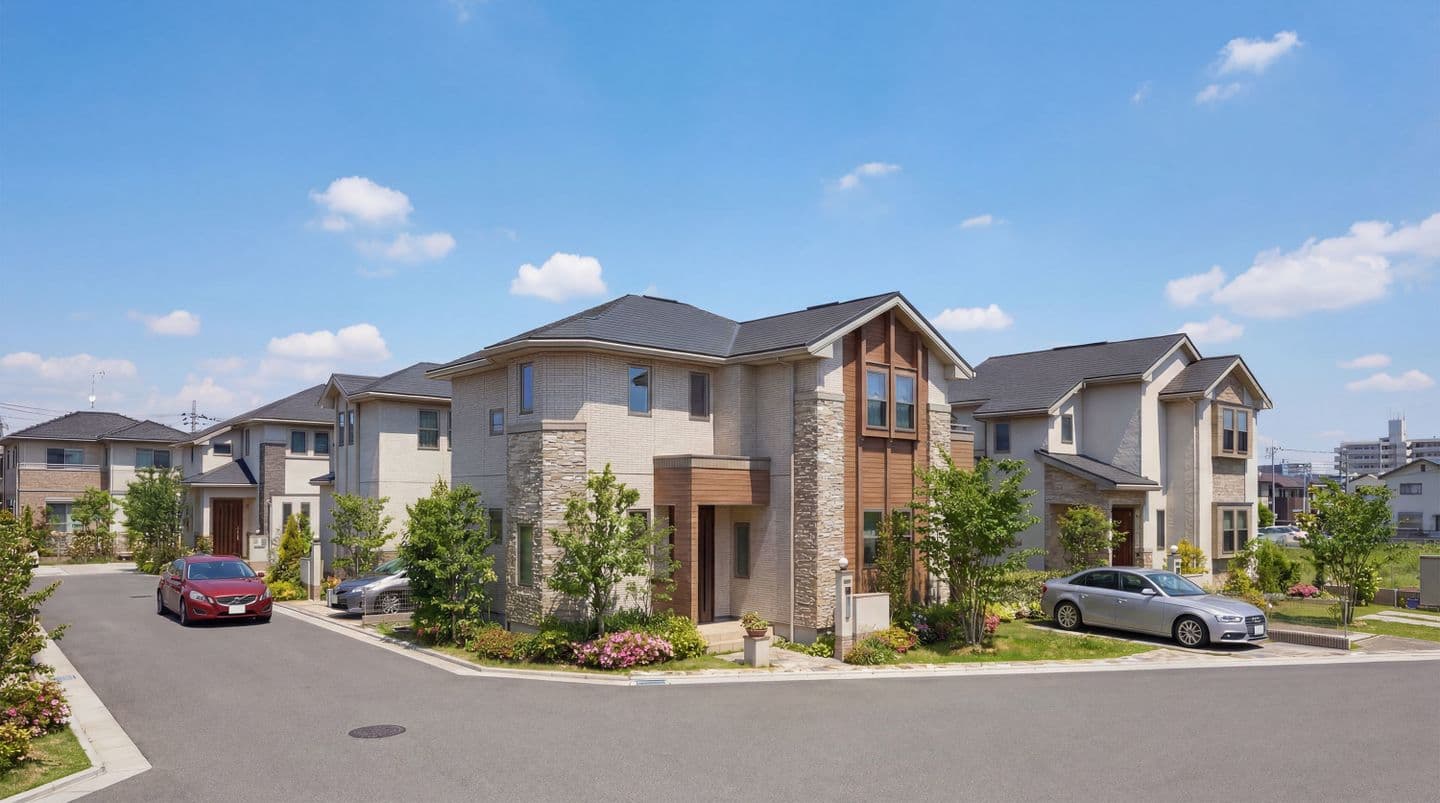 晴天の青空の下に並ぶモダンな2階建て住宅街の外観パース。3D CADでモデリングを行い、生成AIを使用して石壁や木目の質感、植栽、駐車中の車、道路のアスファルトなどをフォトリアルにレンダリングした建築ビジュアライゼーション画像。