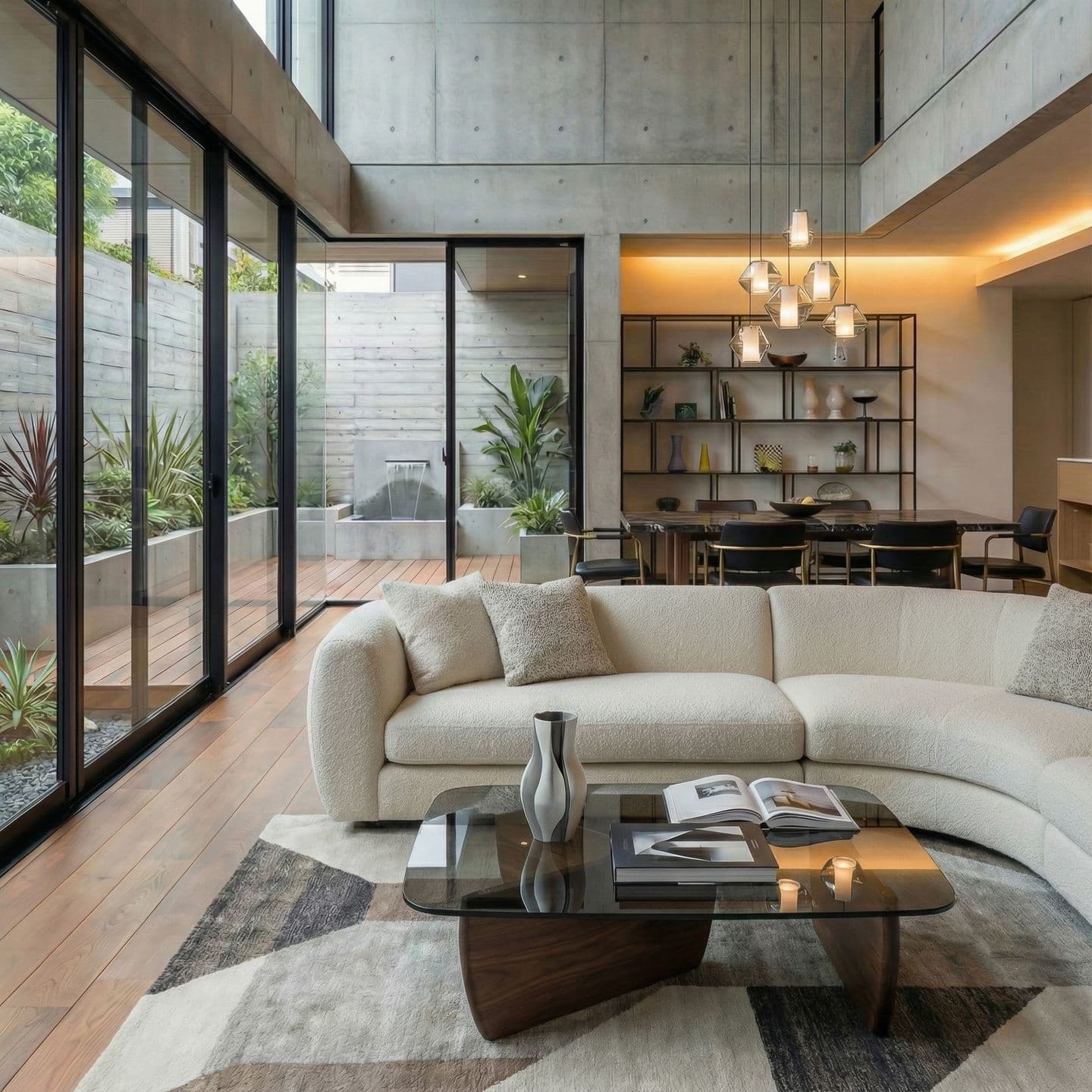 吹き抜けのあるモダンなリビングルーム。打ち放しコンクリートの壁、中庭に面した大きなガラス窓、手前にはクリーム色の曲線的なソファ、奥にはダイニングセットとペンダントライトが配置されている内観パース