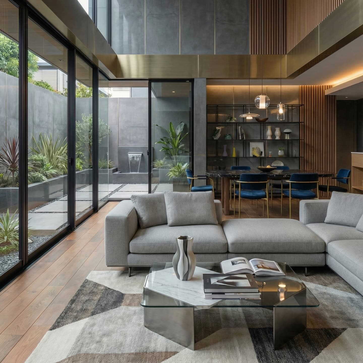 吹き抜けのあるモダンなリビングルームの内観パース。グレーのL字型ソファ、ガラスのローテーブル、奥にはブルーの椅子があるダイニングセットが配置されている。左側の大きな掃き出し窓からは、植栽と水盤のある中庭が見える。天井が高く、木製ルーバーや真鍮の装飾が施されたラグジュアリーなデザイン。