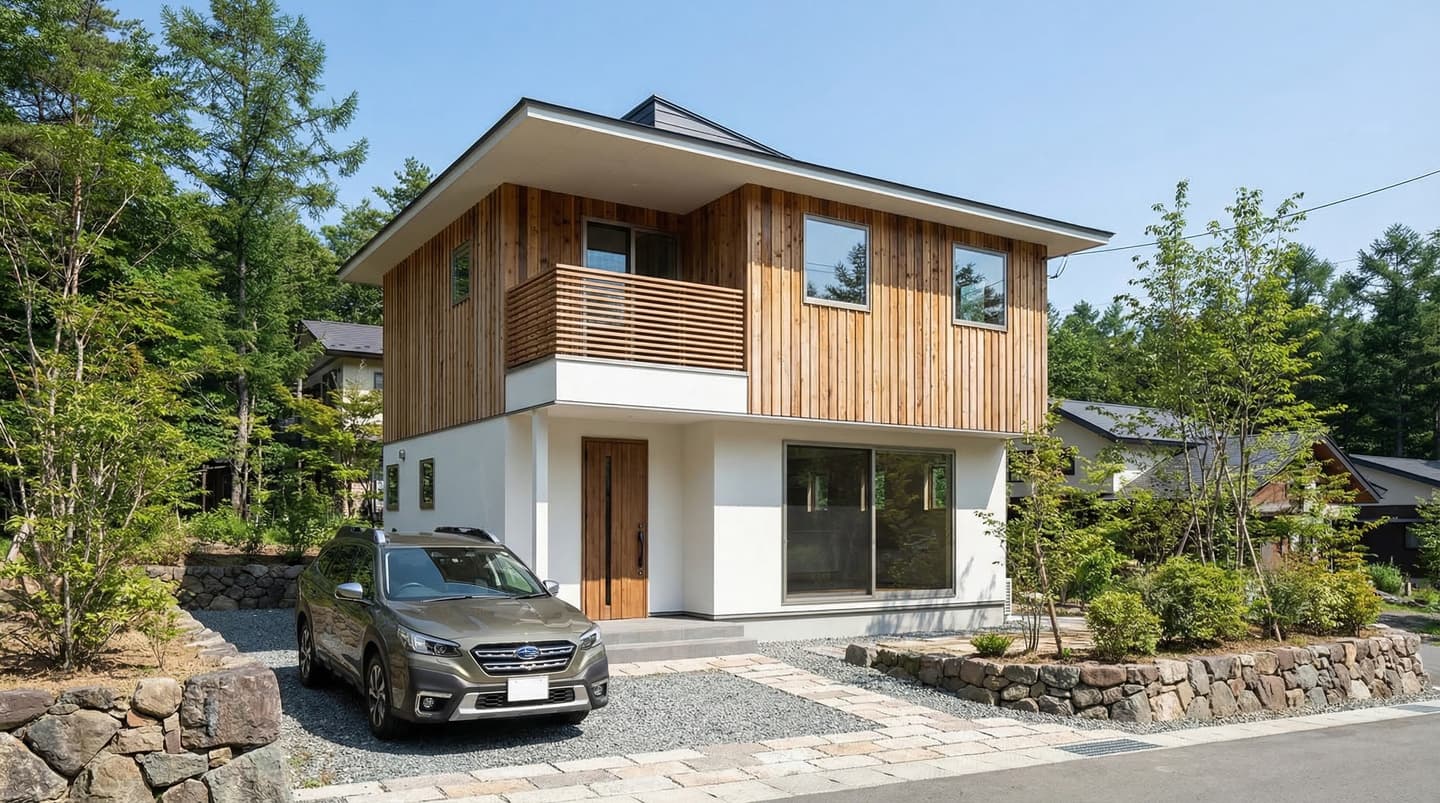 晴天の下、豊かな森を背景に建つ、2階建てのモダンな木の家。1階は白い塗り壁、2階は縦格子の木製サイディング。2階には木製ルーバーのバルコニーがあり、1階の玄関前には石畳と砂利敷きの駐車スペースにオリーブ色のSUVが停まっている。手前には自然石の石積みと緑の植栽、奥には青空が広がる。
