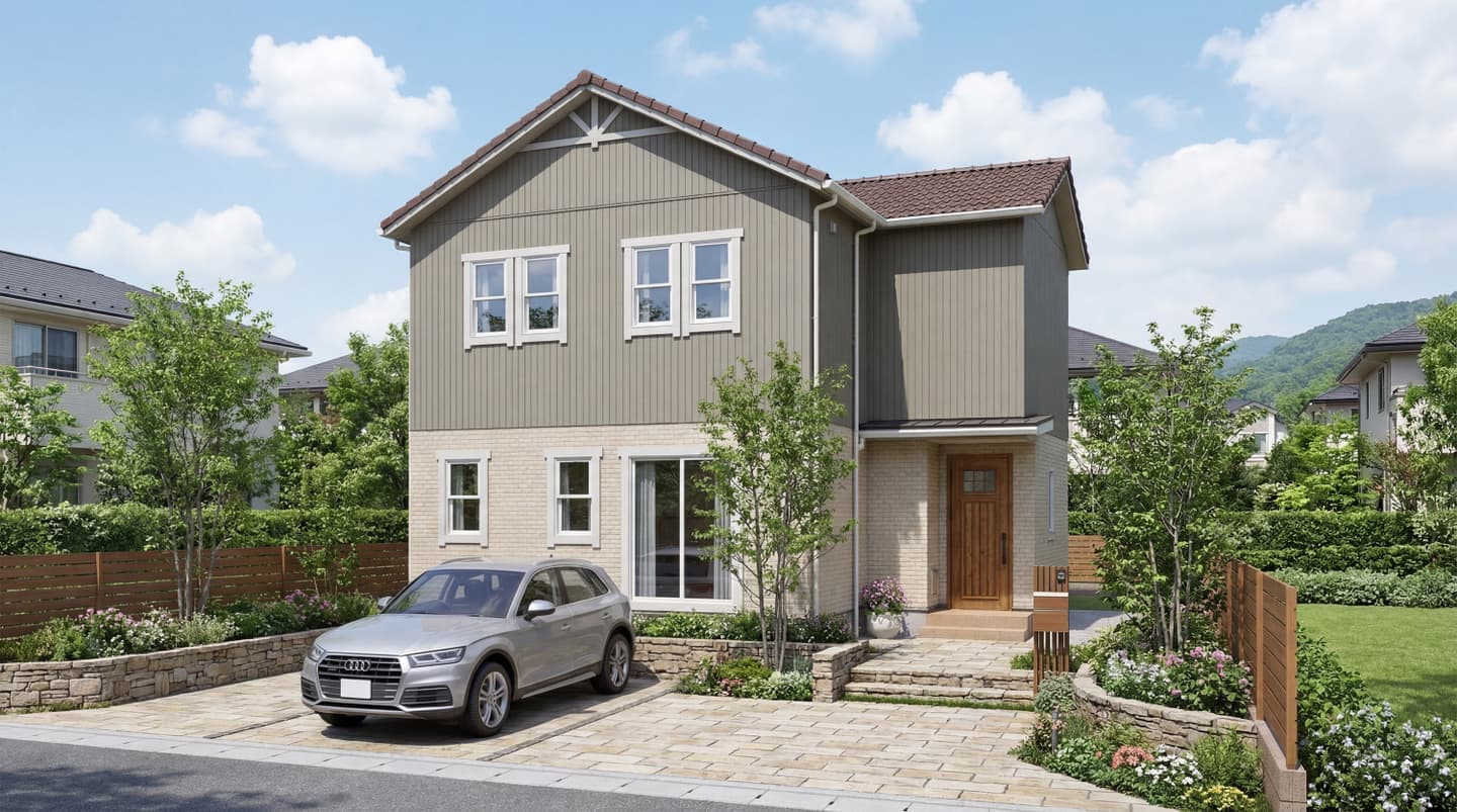 生成AIによる住宅建築パース作成事例：北欧風ナチュラルモダンの2階建て住宅の外観パース。切妻屋根とグレー・ベージュのツートンカラーのサイディングがおしゃれな新築一戸建て