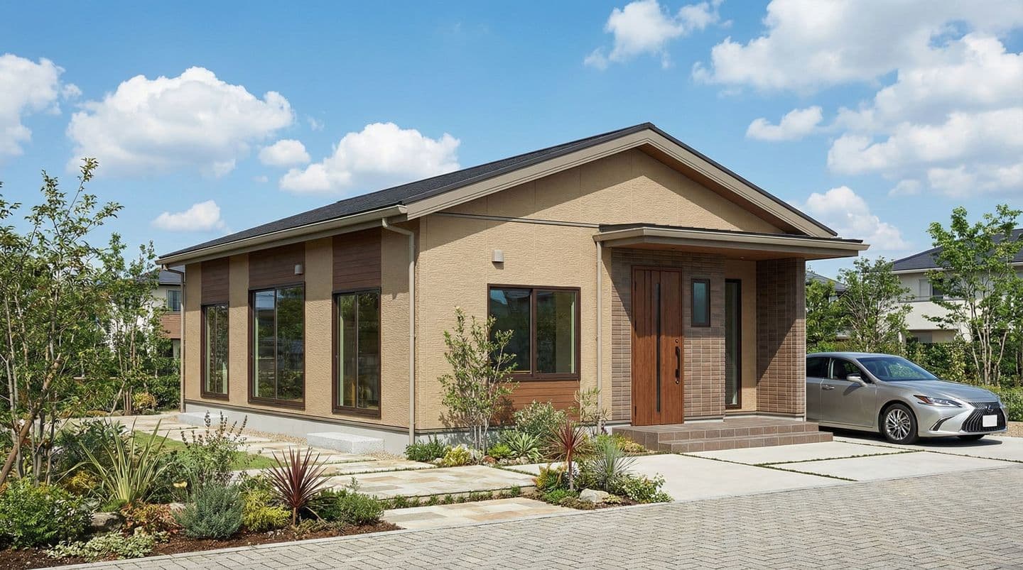 木目調のアクセントと大きな窓が特徴的な、モダンな平屋住宅の外観パース。手前には丁寧に手入れされた植栽と石畳のアプローチ、右側にはシルバーの乗用車が停まった駐車場がある。