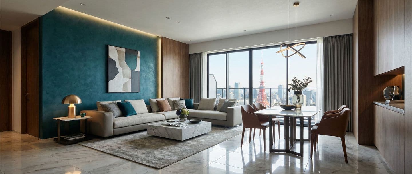 東京タワーが見えるモダンなリビングダイニングの内観パース。3D CADと生成AIを使用して制作。大理石の床、ティールブルーのアクセントウォール、L字型ソファ、ペンダントライトがある高級マンションのインテリアデザイン。
