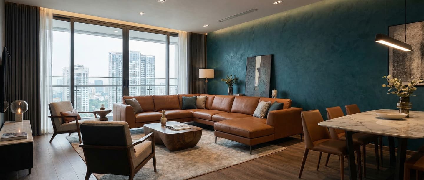3DCADと生成AIで制作されたモダンなリビングの内観パース。紺色のアクセントウォール、キャメル色のL字レザーソファ、大理石のテーブル、大きな窓から見える都市の風景が描かれています。