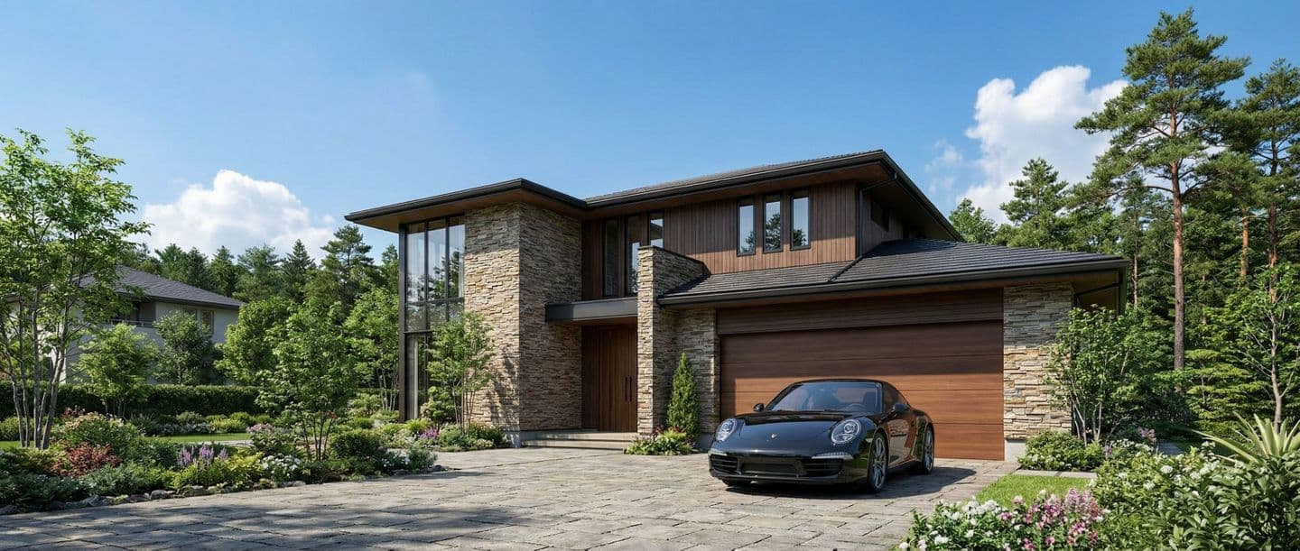 森の中に建つ、石積みの外壁と木目調のガレージを持つモダンな2階建て住宅の3D外観パース。手前には黒いスポーツカーが停車しており、周囲は豊かな植栽と青空に囲まれている。