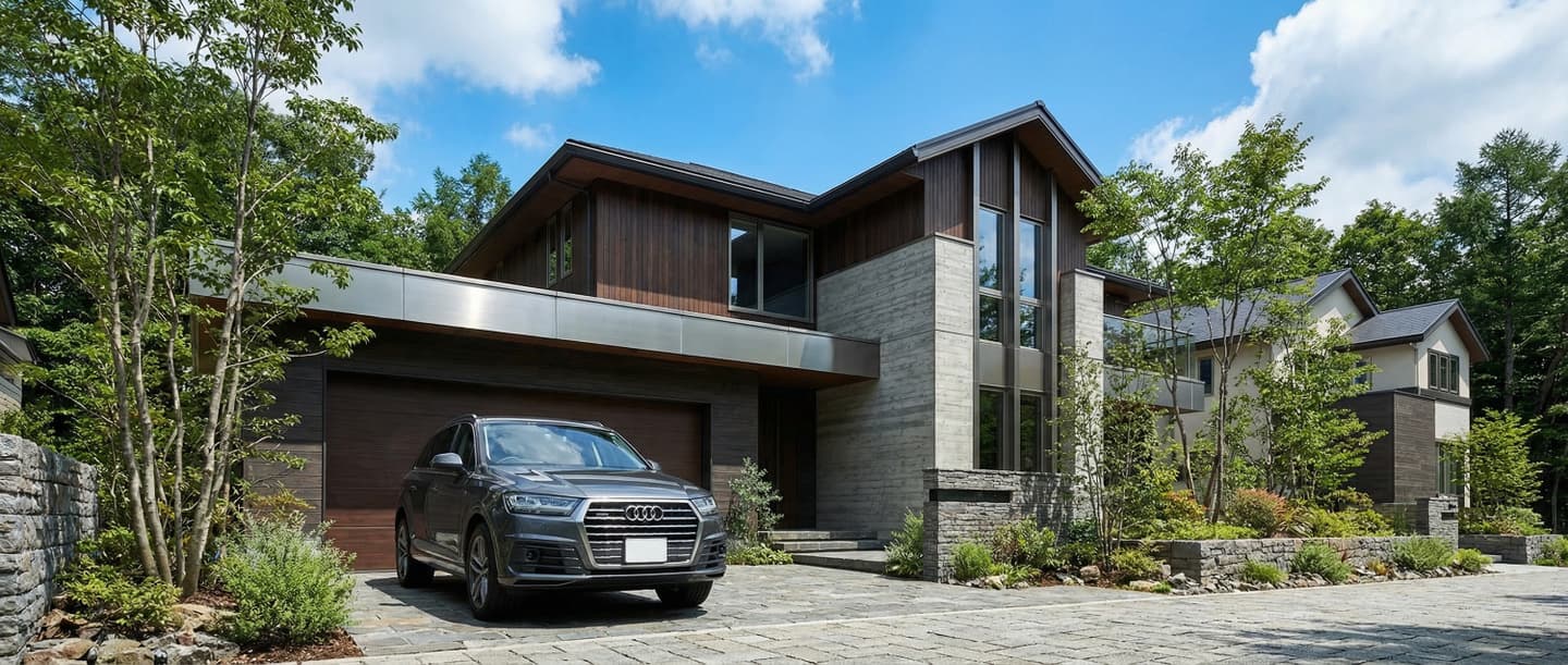 3DCADと生成AIで制作されたモダンな高級住宅の建築パース。木目調の外壁とコンクリート、石畳の車道にグレーのアウディSUVが停車している、植栽豊かな晴天の風景。
