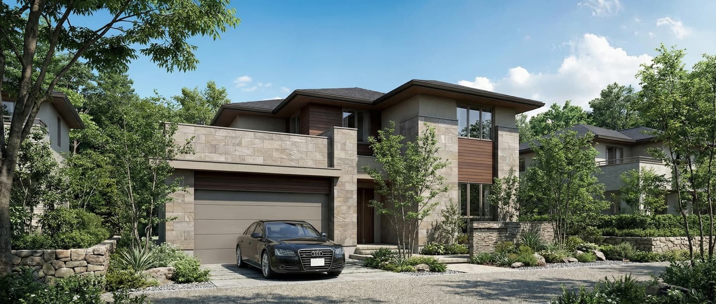 ベージュの石貼り壁と木目ルーバーを組み合わせたモダンな2階建て住宅の外観パース。庭には豊かな植栽があり、ガレージ前には黒い乗用車が停まっている。晴天の昼景。