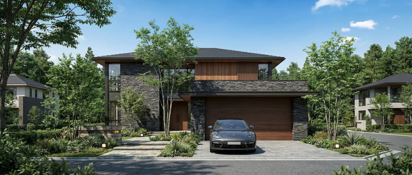 石積みの外壁と木目のガレージドアが特徴的なモダンな2階建て住宅の外観パース。豊かな植栽と青空を背景に、高級車が停まったガレージ前の様子。3DCADと生成AIによる建築ビジュアライゼーション。
