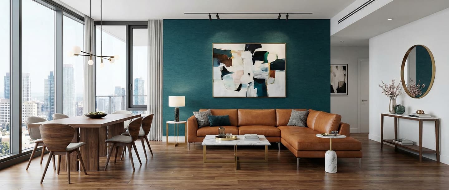 3D CADと生成AIで制作したモダンなリビングダイニングの内観パース。ティールブルーのアクセントウォール、コニャック色のL字型レザーソファ、木製のダイニングセットが配置され、大きな窓からは高層ビルの景色が見える