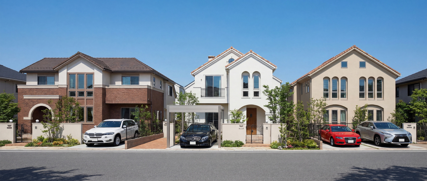 3DCADと生成AIを用いて制作された、異なるデザインの3棟の洋風住宅が並ぶ外観パース。晴天の下、レンガ調、白壁、ベージュの各住宅の駐車場には車が停められ、緑豊かな植栽が配置されています。