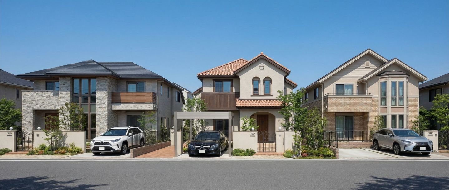 青空の下に並ぶ3棟の戸建て住宅の外観パース。左から石張り風モダン住宅、中央はテラコッタ屋根の南欧風住宅とカーポート、右はレンガ調アクセントの洋風住宅。それぞれの駐車スペースに車が停まっている閑静な分譲地の風景。