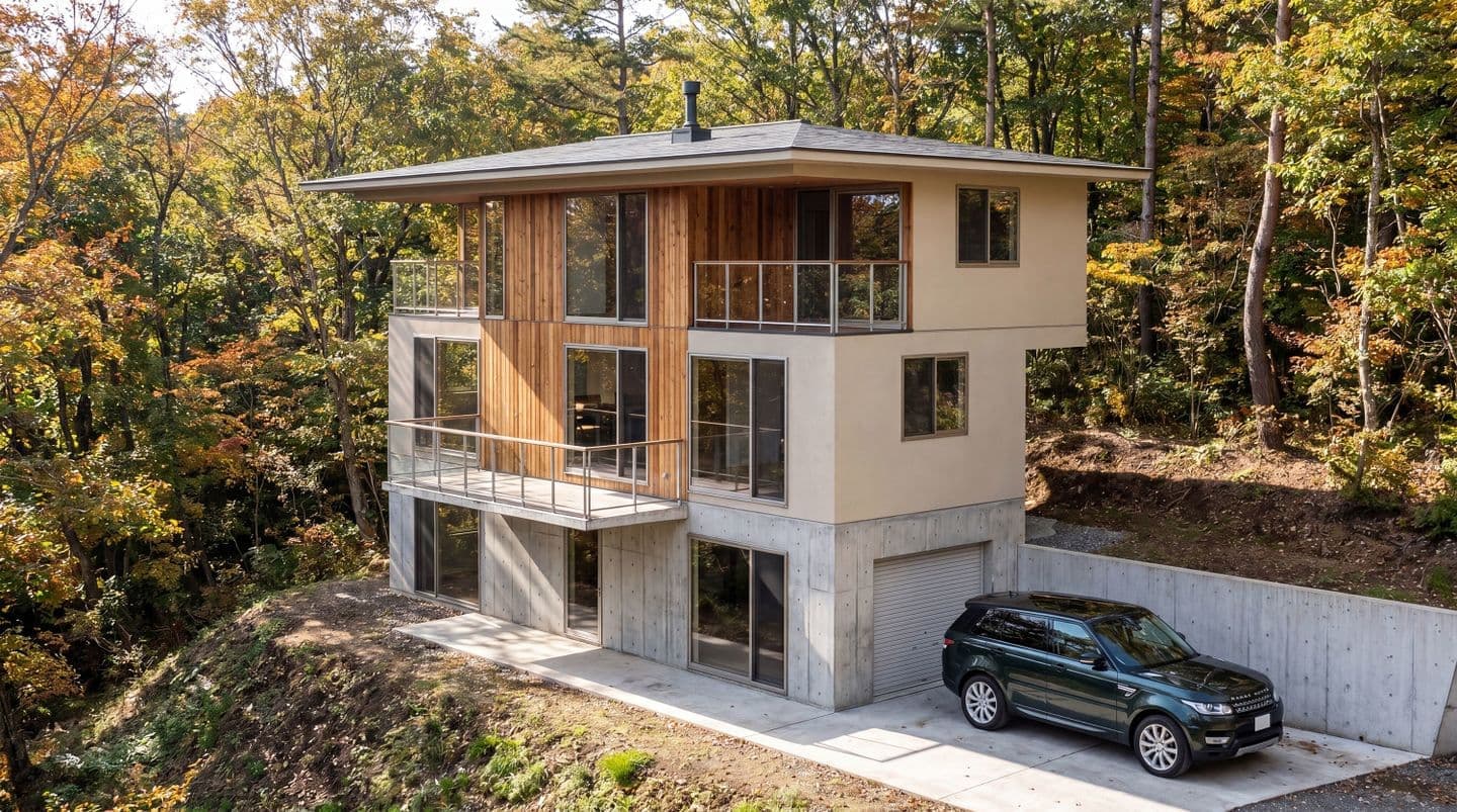 紅葉した森の中に建つ、打ちっぱなしコンクリートと木目壁を組み合わせたモダンな3階建て住宅の外観パース。手前には黒いSUVが停まっているガレージがある。